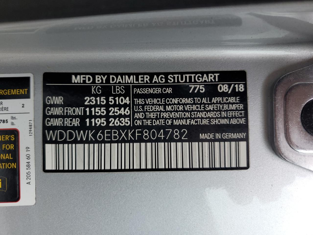 Photo 11 VIN: WDDWK6EBXKF804782 - MERCEDES-BENZ C-KLASSE 