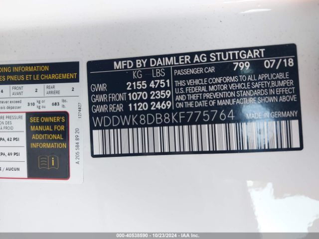 Photo 8 VIN: WDDWK8DB8KF775764 - MERCEDES-BENZ C-CLASS 