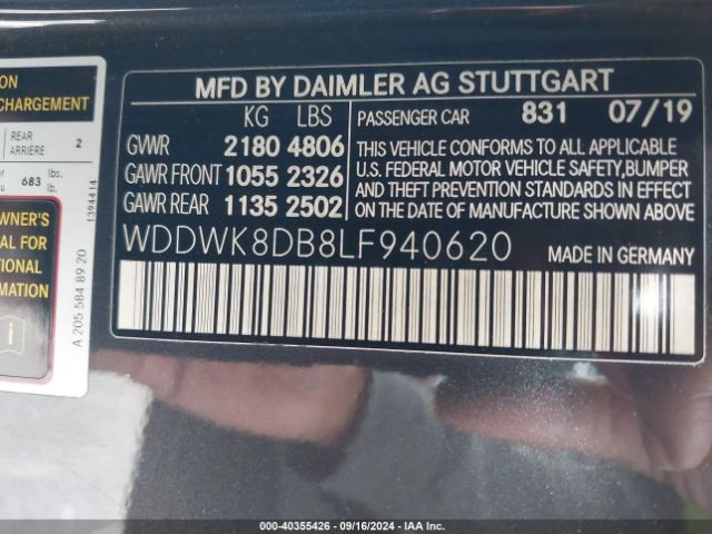 Photo 8 VIN: WDDWK8DB8LF940620 - MERCEDES-BENZ C-CLASS 