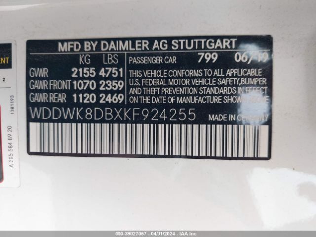 Photo 8 VIN: WDDWK8DBXKF924255 - MERCEDES-BENZ C 300 