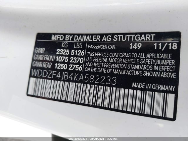 Photo 8 VIN: WDDZF4JB4KA582233 - MERCEDES-BENZ E-CLASS 