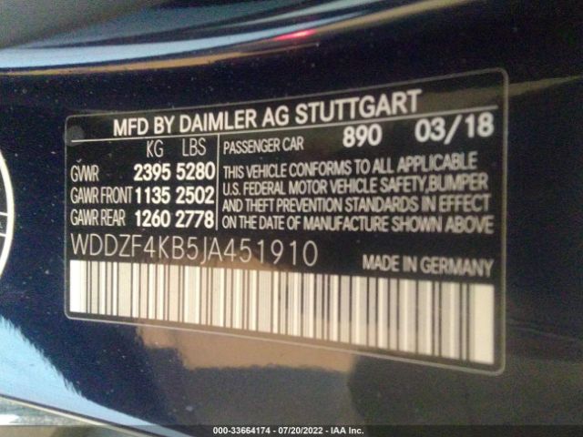 Photo 8 VIN: WDDZF4KB5JA451910 - MERCEDES-BENZ E-CLASS 