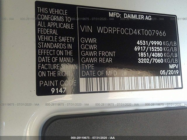 Photo 8 VIN: WDRPF0CD4KT007966 - FREIGHTLINER SPRINTER VAN 