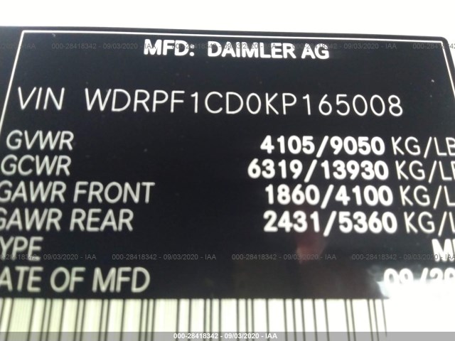 Photo 8 VIN: WDRPF1CD0KP165008 - FREIGHTLINER SPRINTER VAN 