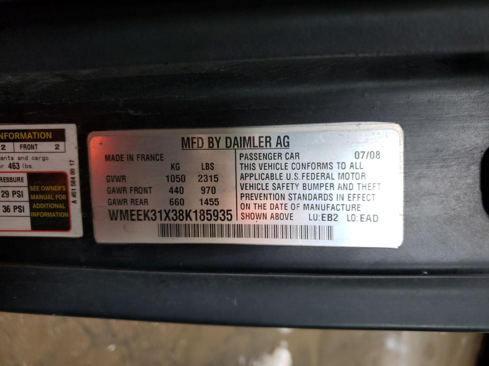 Photo 9 VIN: WMEEK31X38K185935 - SMART FORTWO PAS 