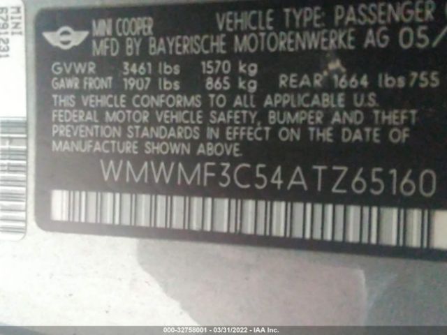 Photo 8 VIN: WMWMF3C54ATZ65160 - MINI COOPER HARDTOP 