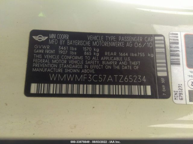 Photo 8 VIN: WMWMF3C57ATZ65234 - MINI COOPER HARDTOP 