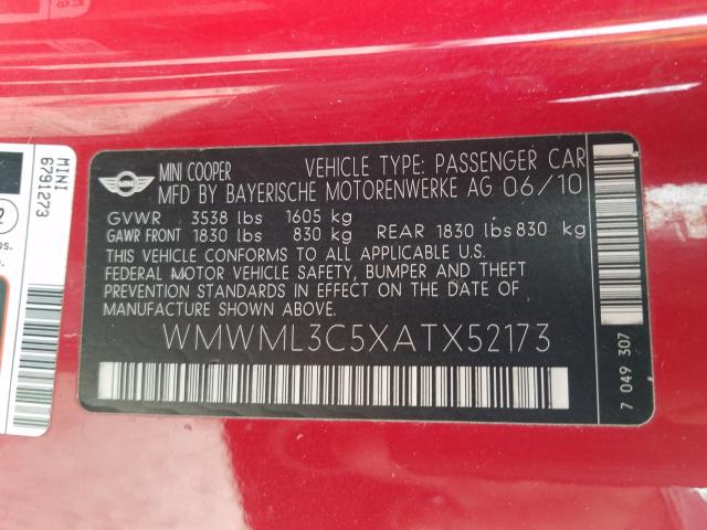 Photo 9 VIN: WMWML3C5XATX52173 - MINI COOPER CLU 