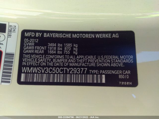 Photo 8 VIN: WMWSV3C50CTY29377 - MINI COOPER HARDTOP 