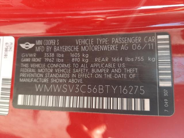 Photo 9 VIN: WMWSV3C56BTY16275 - MINI COOPER S 