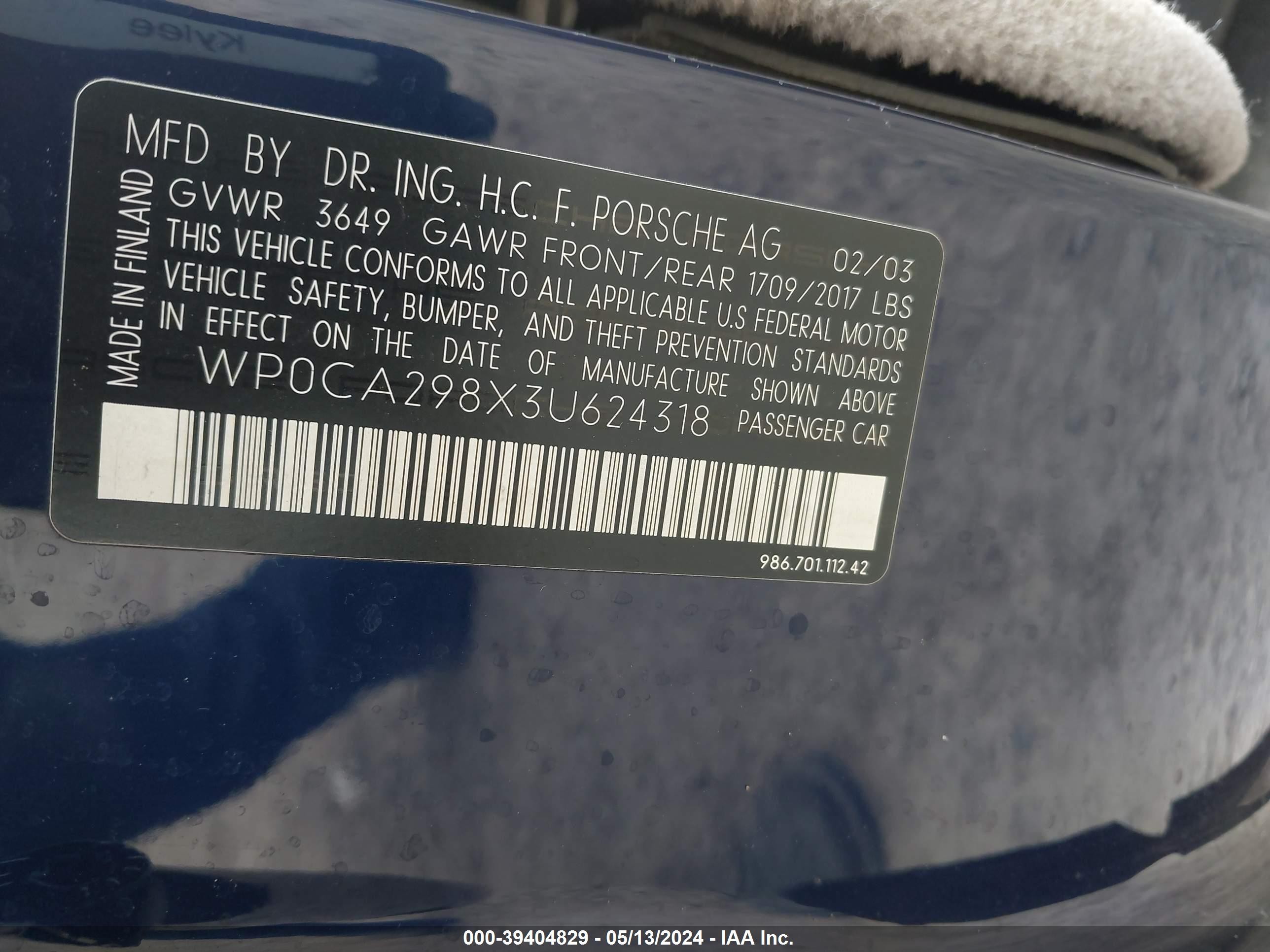 Photo 8 VIN: WP0CA298X3U624318 - PORSCHE BOXSTER 