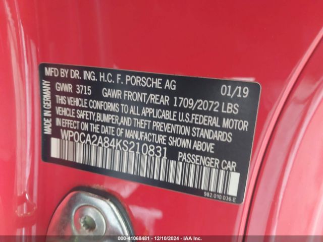 Photo 8 VIN: WP0CA2A84KS210831 - PORSCHE 718 BOXSTER 