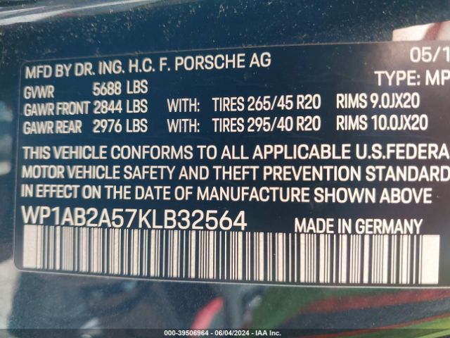 Photo 8 VIN: WP1AB2A57KLB32564 - PORSCHE MACAN 