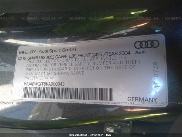 Photo 8 VIN: WUABWGFF8KA900043 - AUDI RS 3 