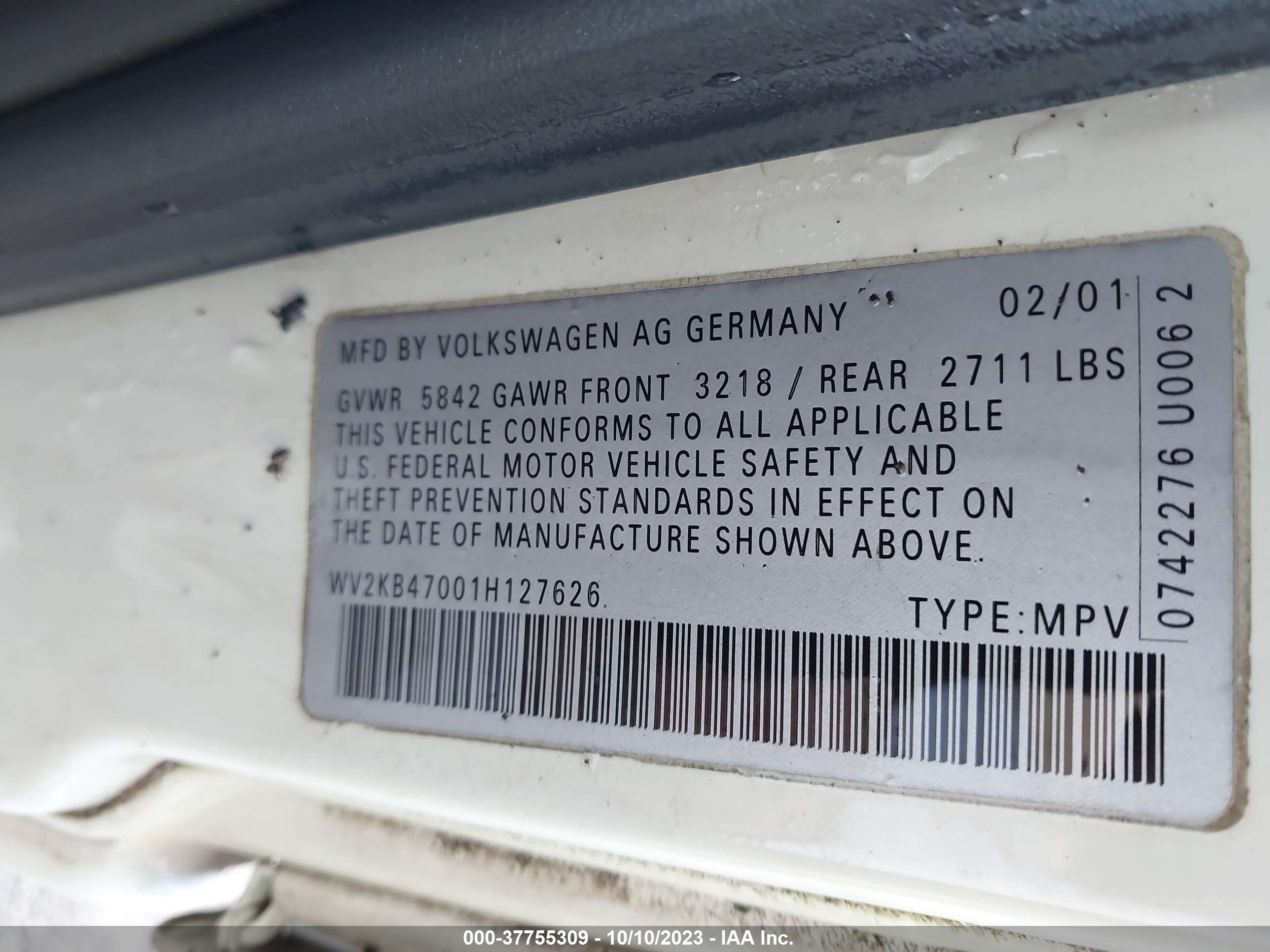 Photo 8 VIN: WV2KB47001H127626 - VOLKSWAGEN EUROVAN 