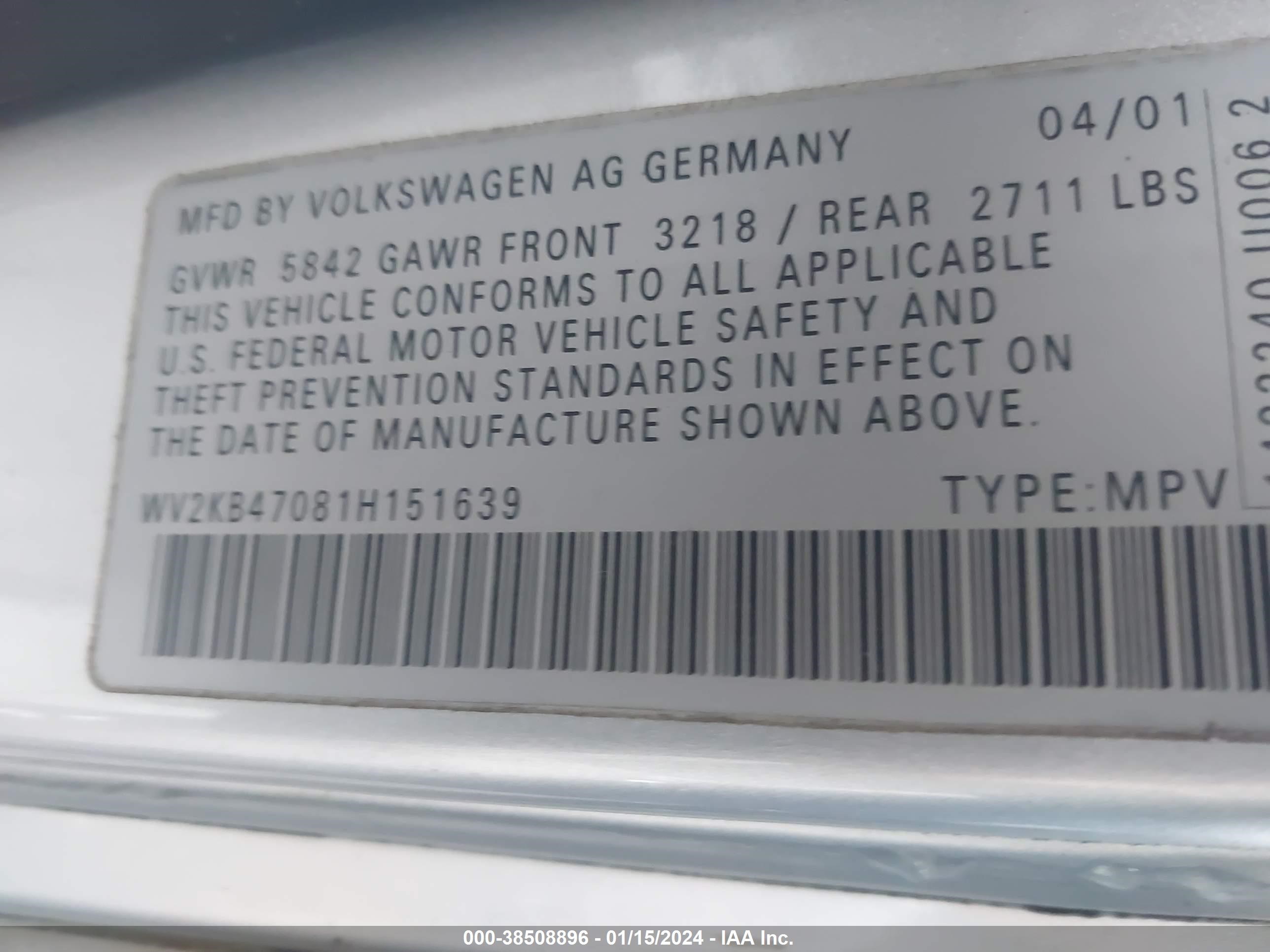 Photo 8 VIN: WV2KB47081H151639 - VOLKSWAGEN EUROVAN 