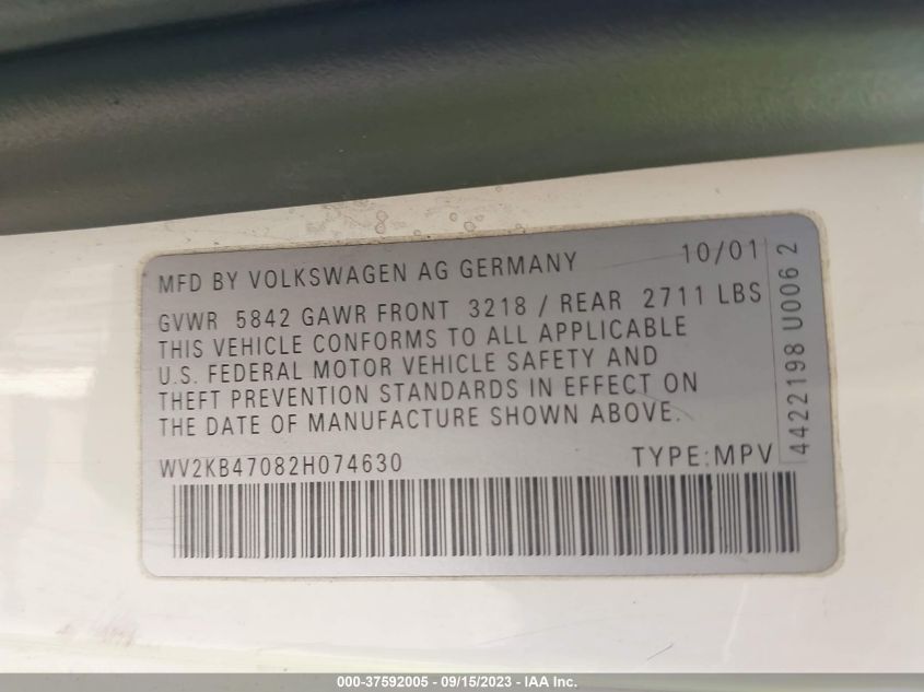 Photo 8 VIN: WV2KB47082H074630 - VOLKSWAGEN EUROVAN 