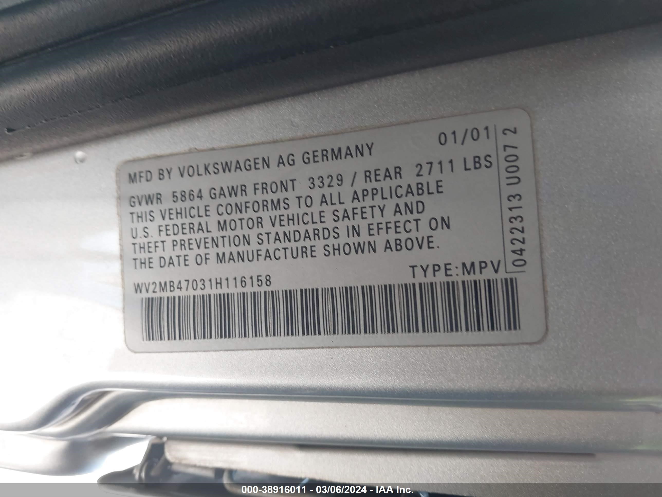 Photo 8 VIN: WV2MB47031H116158 - VOLKSWAGEN EUROVAN 