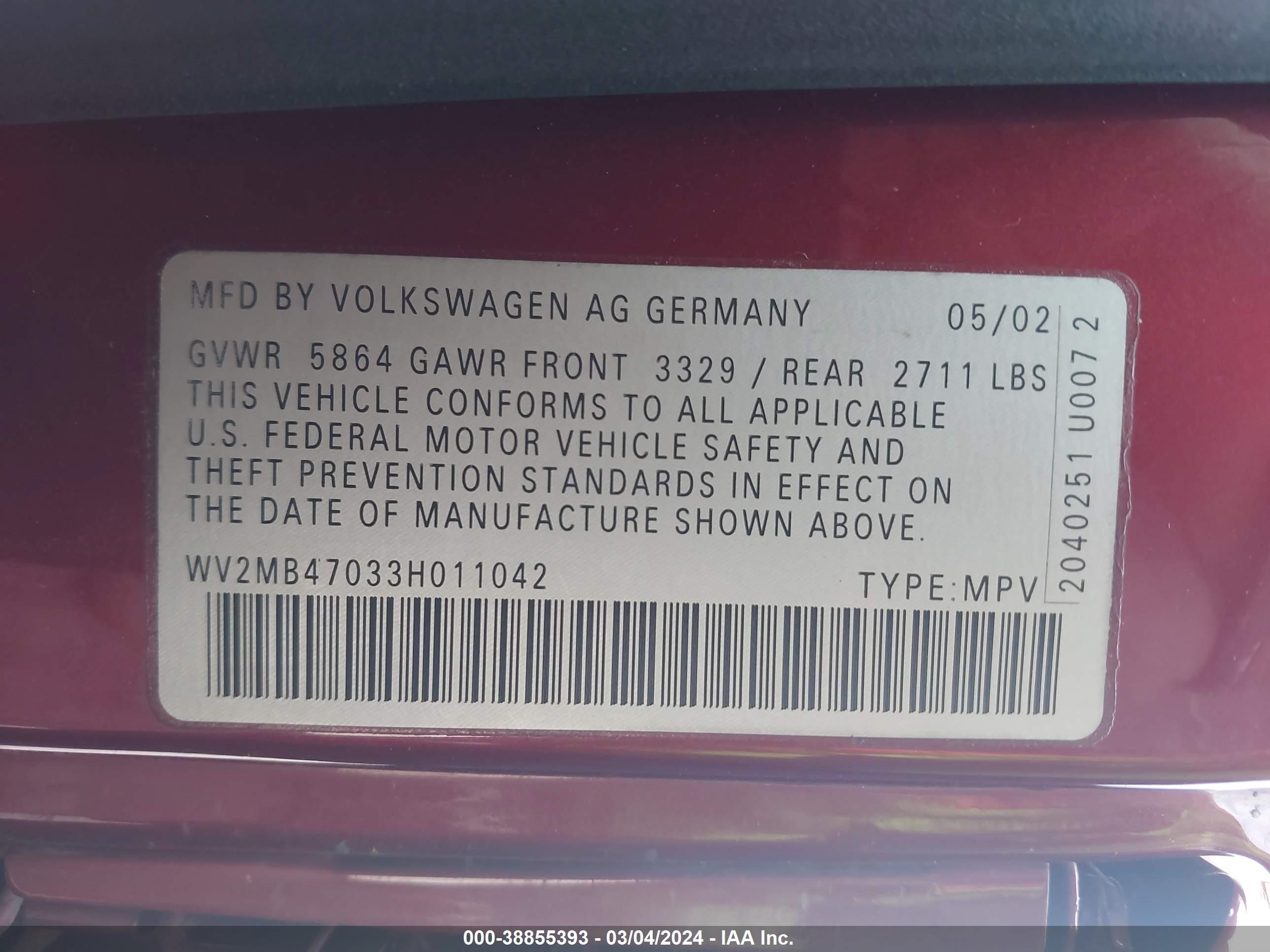 Photo 8 VIN: WV2MB47033H011042 - VOLKSWAGEN EUROVAN 