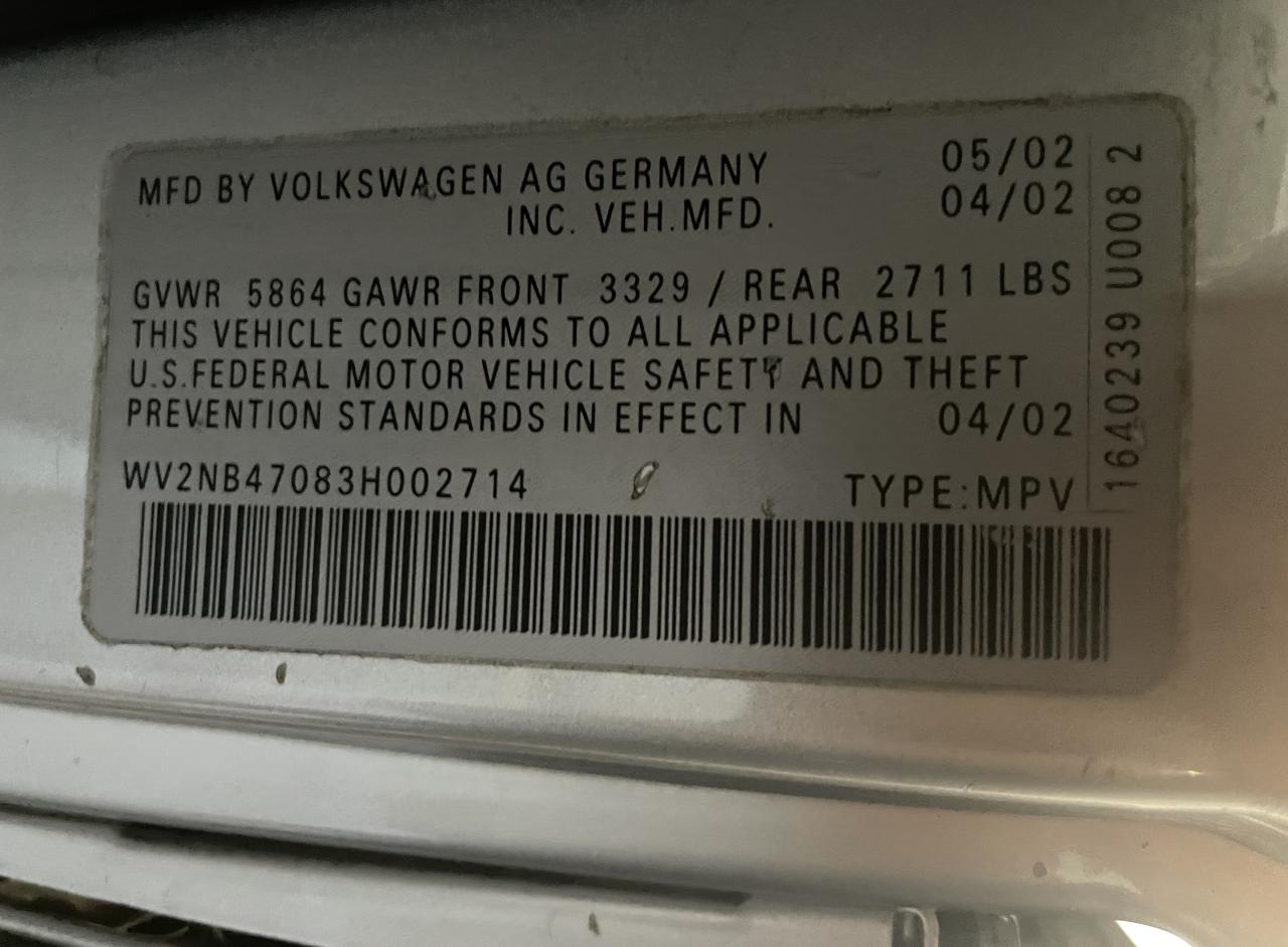 Photo 9 VIN: WV2NB47083H002714 - VOLKSWAGEN EUROVAN 