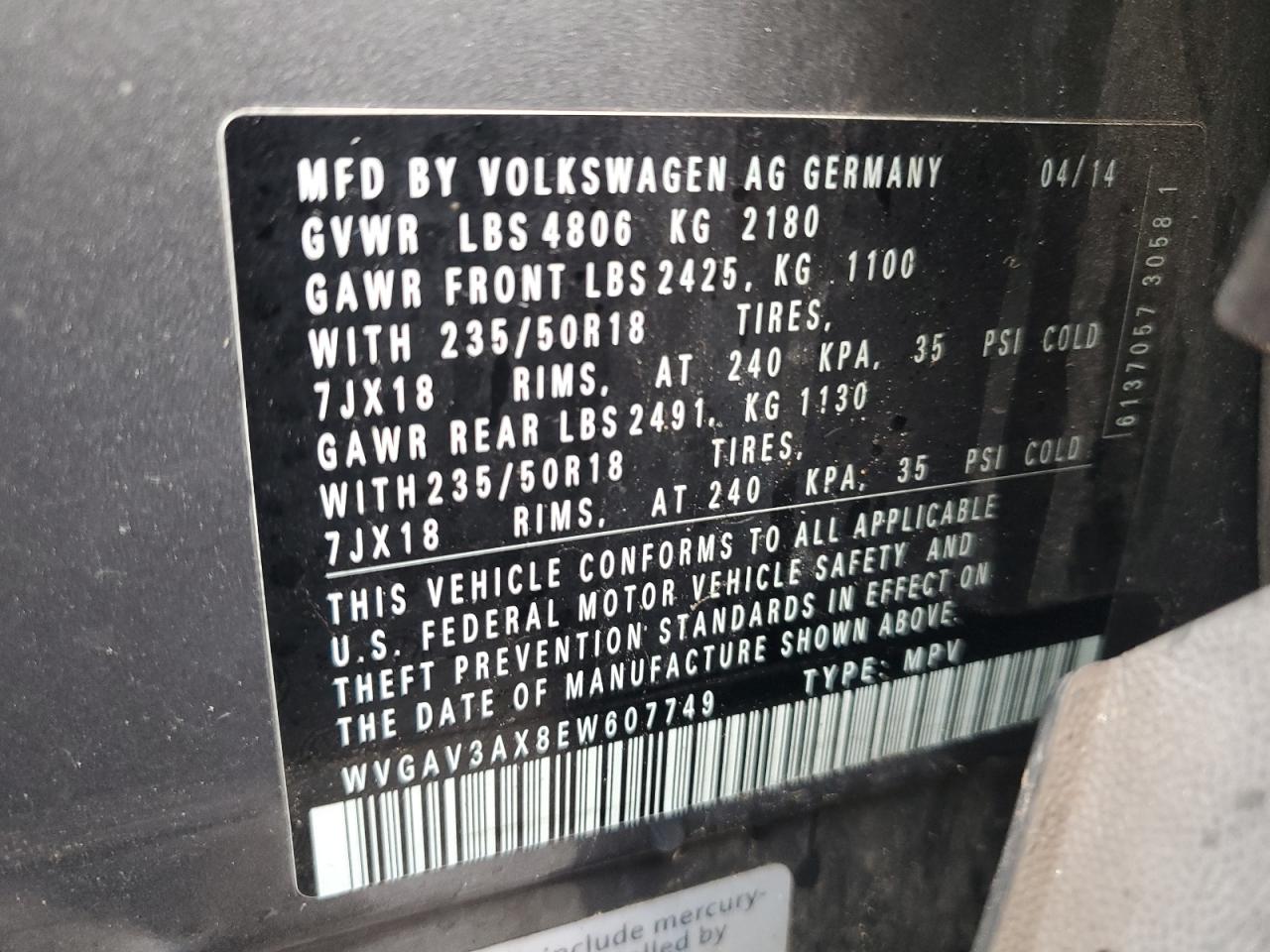 Photo 12 VIN: WVGAV3AX8EW607749 - VOLKSWAGEN TIGUAN 