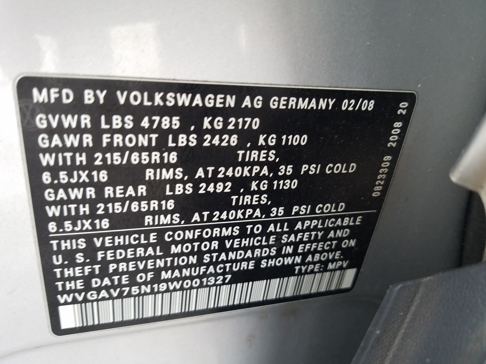 Photo 9 VIN: WVGAV75N19W001327 - VOLKSWAGEN TIGUAN S 