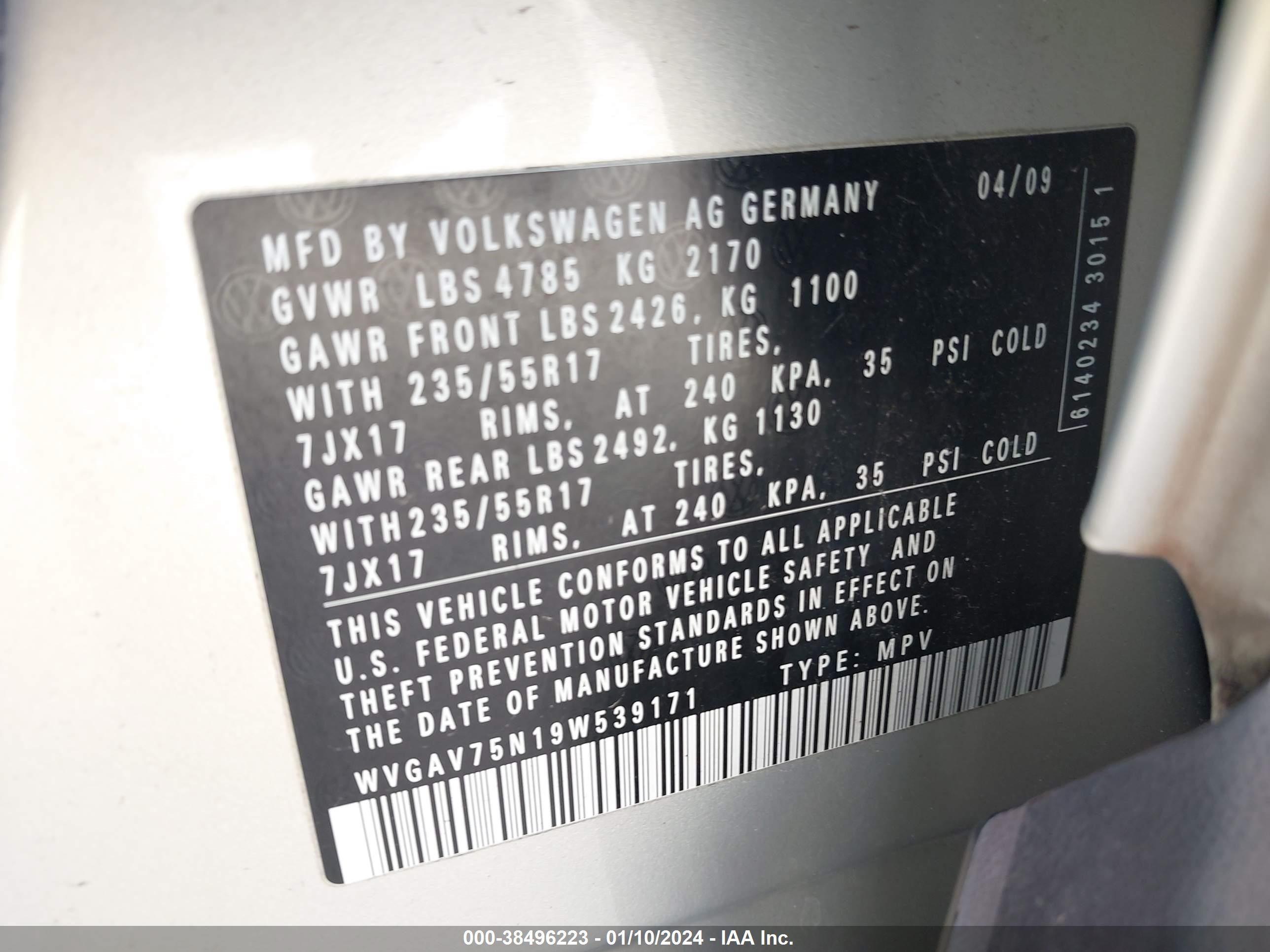 Photo 8 VIN: WVGAV75N19W539171 - VOLKSWAGEN TIGUAN 