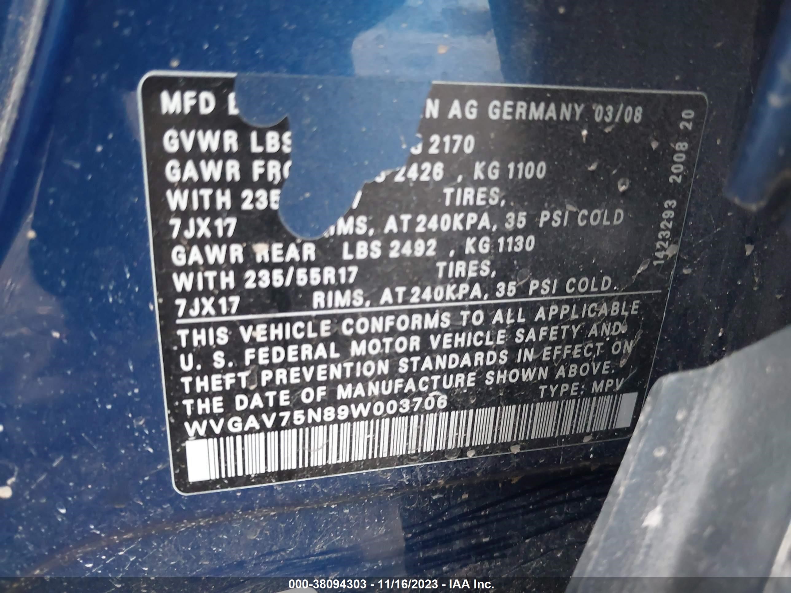 Photo 8 VIN: WVGAV75N89W003706 - VOLKSWAGEN TIGUAN 