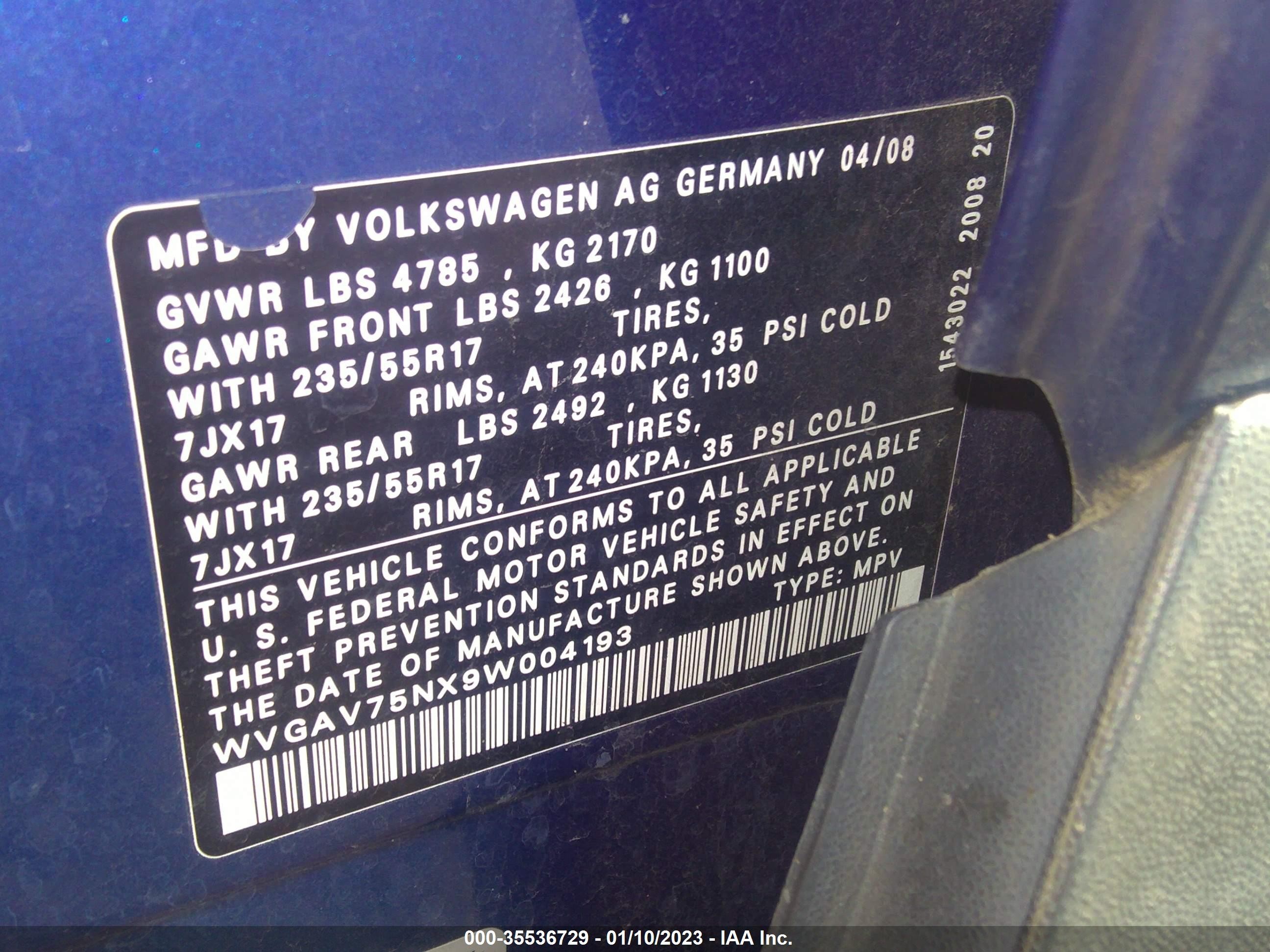 Photo 9 VIN: WVGAV75NX9W004193 - VOLKSWAGEN TIGUAN 