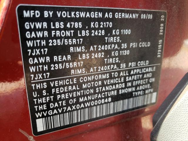 Photo 9 VIN: WVGAV7AX0AW000648 - VOLKSWAGEN TIGUAN S 