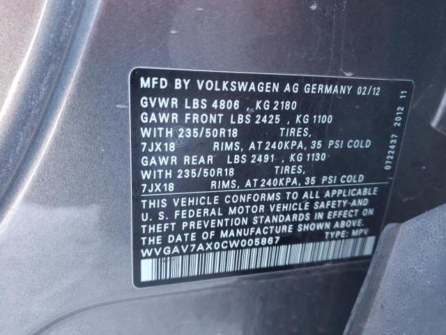 Photo 9 VIN: WVGAV7AX0CW005867 - VOLKSWAGEN TIGUAN S 