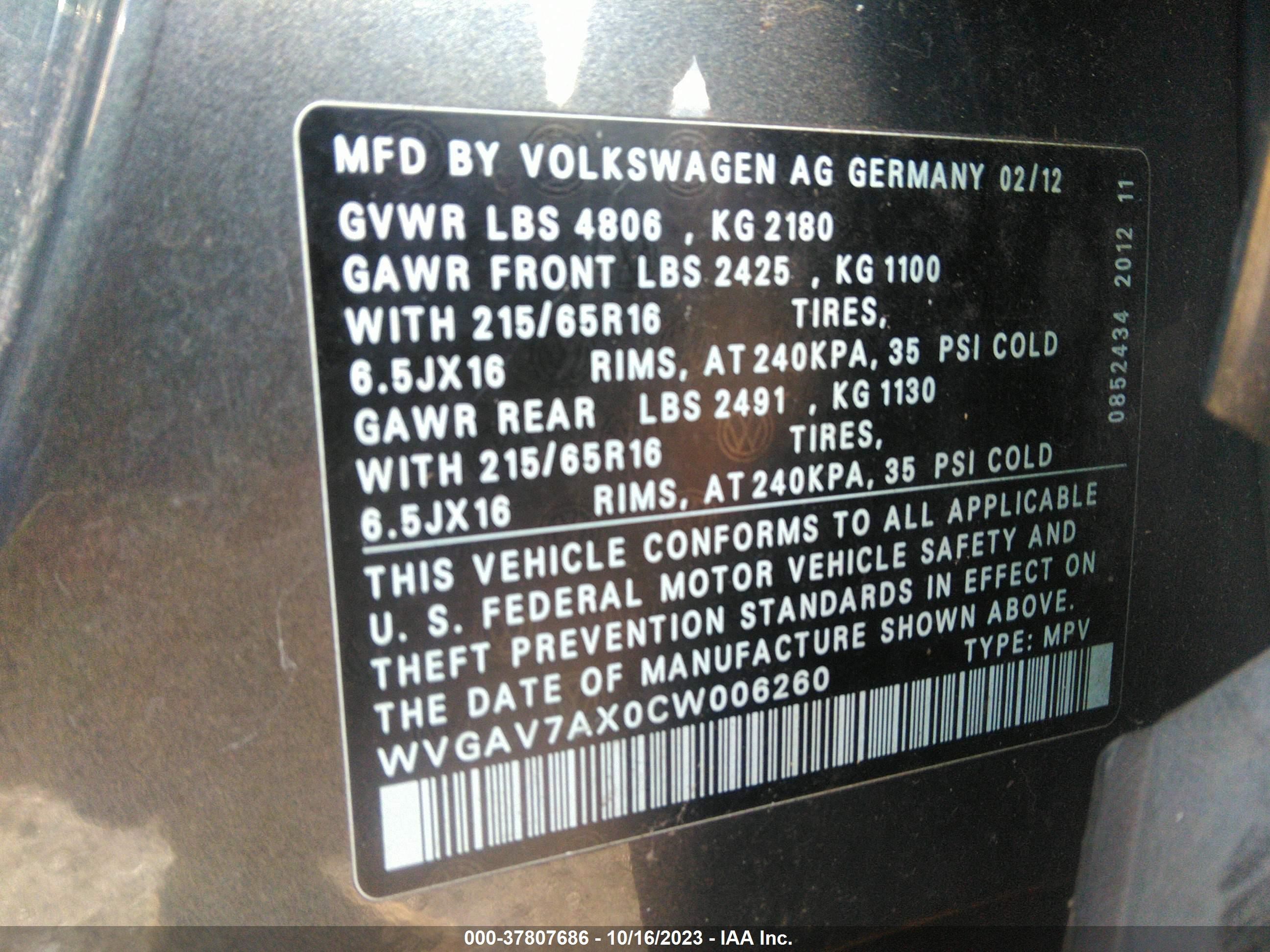 Photo 8 VIN: WVGAV7AX0CW006260 - VOLKSWAGEN TIGUAN 