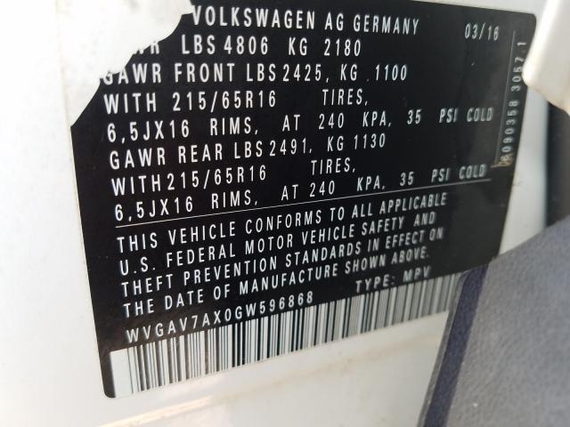 Photo 9 VIN: WVGAV7AX0GW596868 - VOLKSWAGEN TIGUAN S 