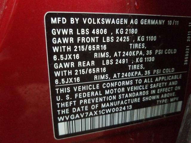 Photo 9 VIN: WVGAV7AX1CW002413 - VOLKSWAGEN TIGUAN 