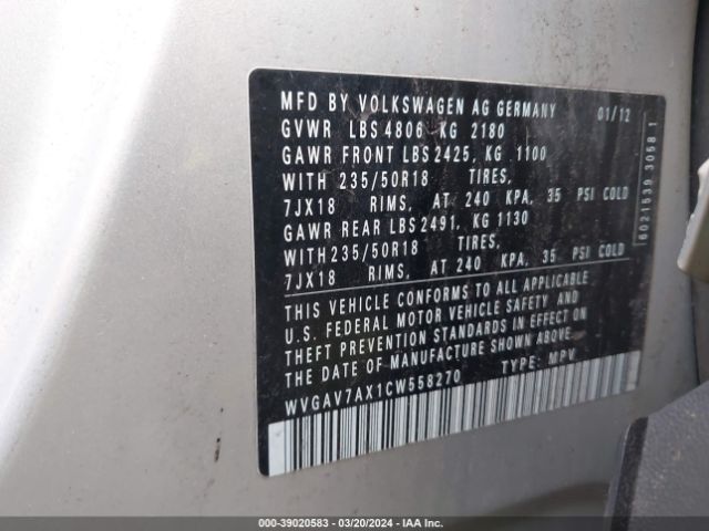 Photo 8 VIN: WVGAV7AX1CW558270 - VOLKSWAGEN TIGUAN 