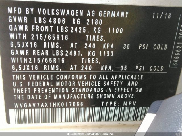 Photo 8 VIN: WVGAV7AX1HK017556 - VOLKSWAGEN TIGUAN 