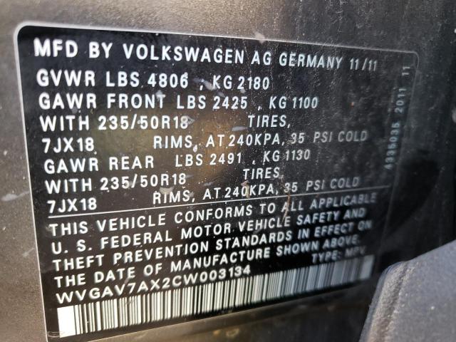 Photo 9 VIN: WVGAV7AX2CW003134 - VOLKSWAGEN TIGUAN S 