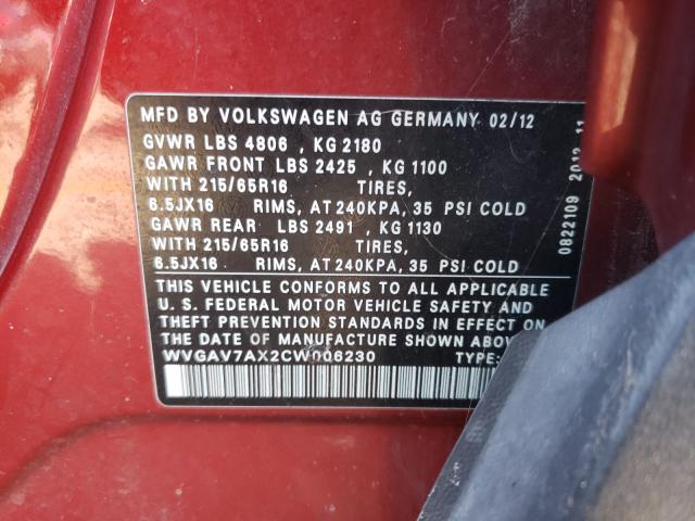 Photo 9 VIN: WVGAV7AX2CW006230 - VOLKSWAGEN TIGUAN S 