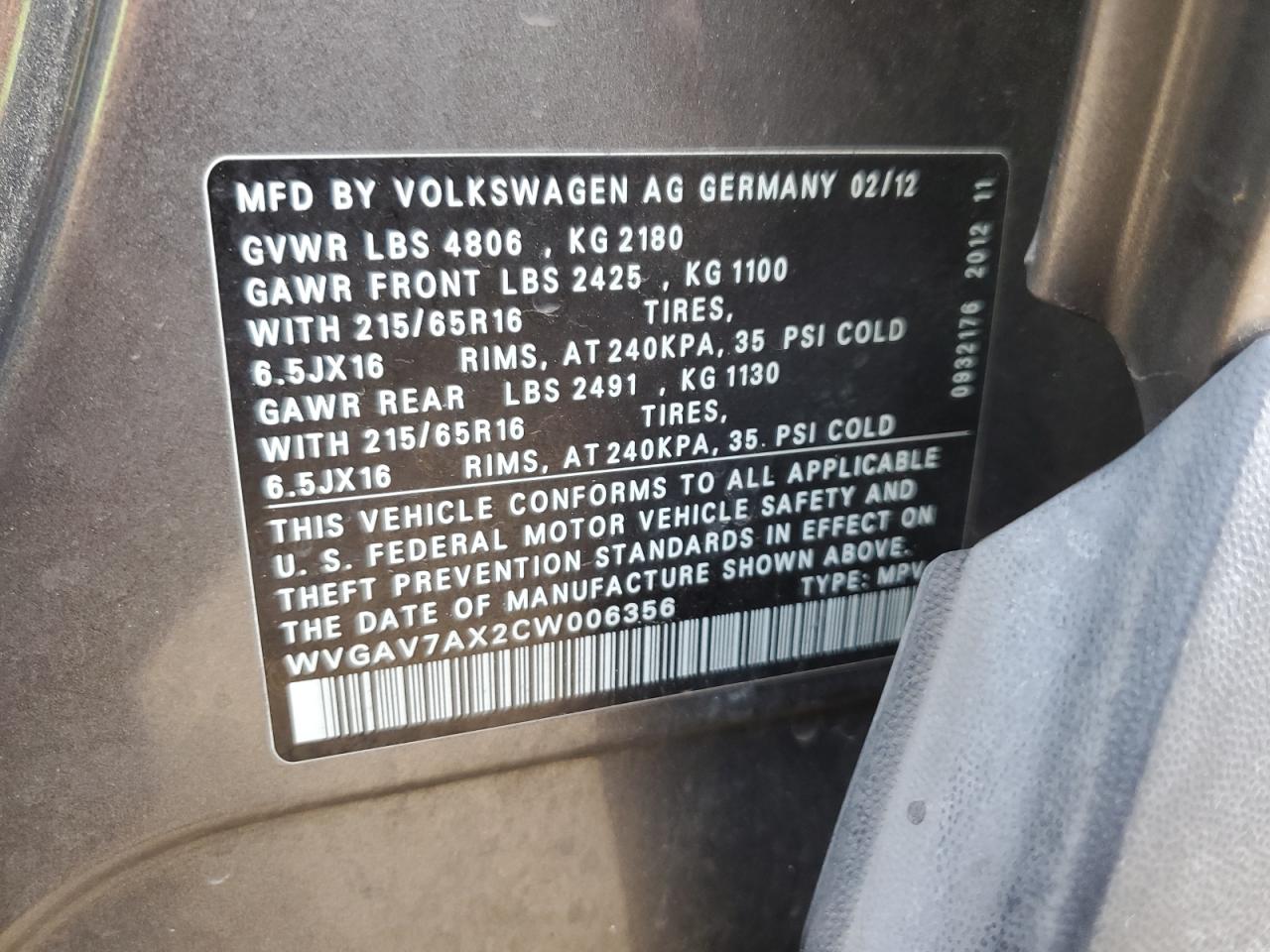 Photo 12 VIN: WVGAV7AX2CW006356 - VOLKSWAGEN TIGUAN 