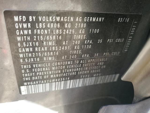 Photo 12 VIN: WVGAV7AX2GW603514 - VOLKSWAGEN TIGUAN S 