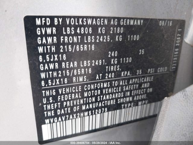 Photo 8 VIN: WVGAV7AX2HW512079 - VOLKSWAGEN TIGUAN 