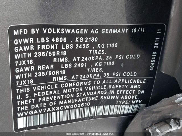 Photo 8 VIN: WVGAV7AX3CW002610 - VOLKSWAGEN TIGUAN 