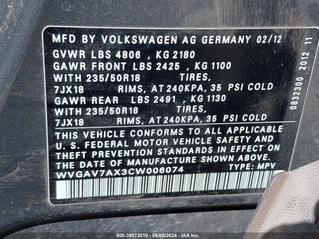 Photo 8 VIN: WVGAV7AX3CW006074 - VOLKSWAGEN TIGUAN 