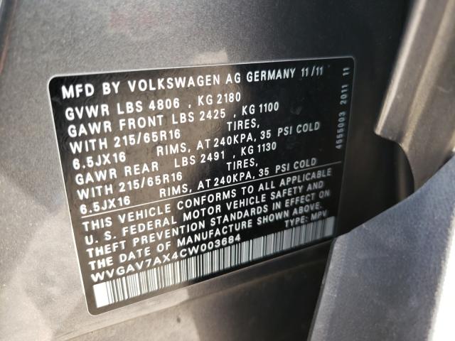 Photo 9 VIN: WVGAV7AX4CW003684 - VOLKSWAGEN TIGUAN S 