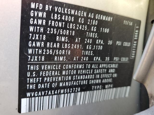 Photo 9 VIN: WVGAV7AX4FW552726 - VOLKSWAGEN TIGUAN S 