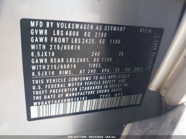 Photo 8 VIN: WVGAV7AX4HW510141 - VOLKSWAGEN TIGUAN 