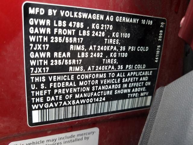 Photo 9 VIN: WVGAV7AX5AW001424 - VOLKSWAGEN TIGUAN S 