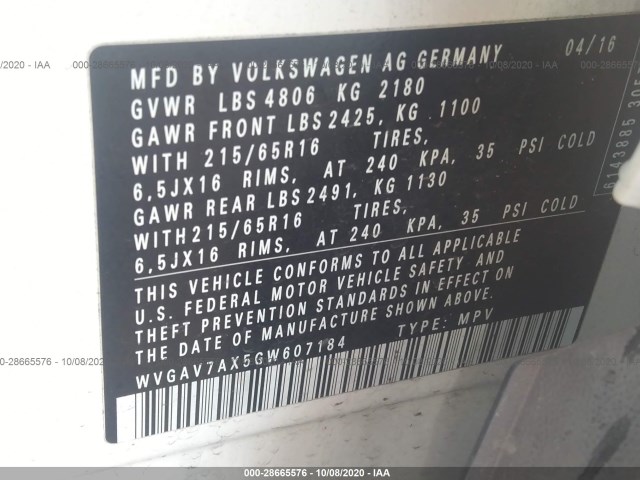 Photo 8 VIN: WVGAV7AX5GW607184 - VOLKSWAGEN TIGUAN 