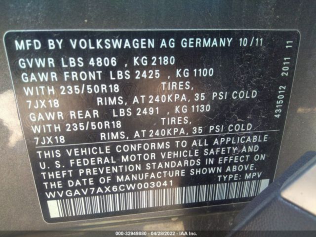 Photo 8 VIN: WVGAV7AX6CW003041 - VOLKSWAGEN TIGUAN 