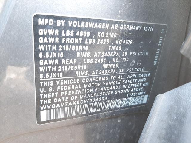 Photo 9 VIN: WVGAV7AX6CW004304 - VOLKSWAGEN TIGUAN S 